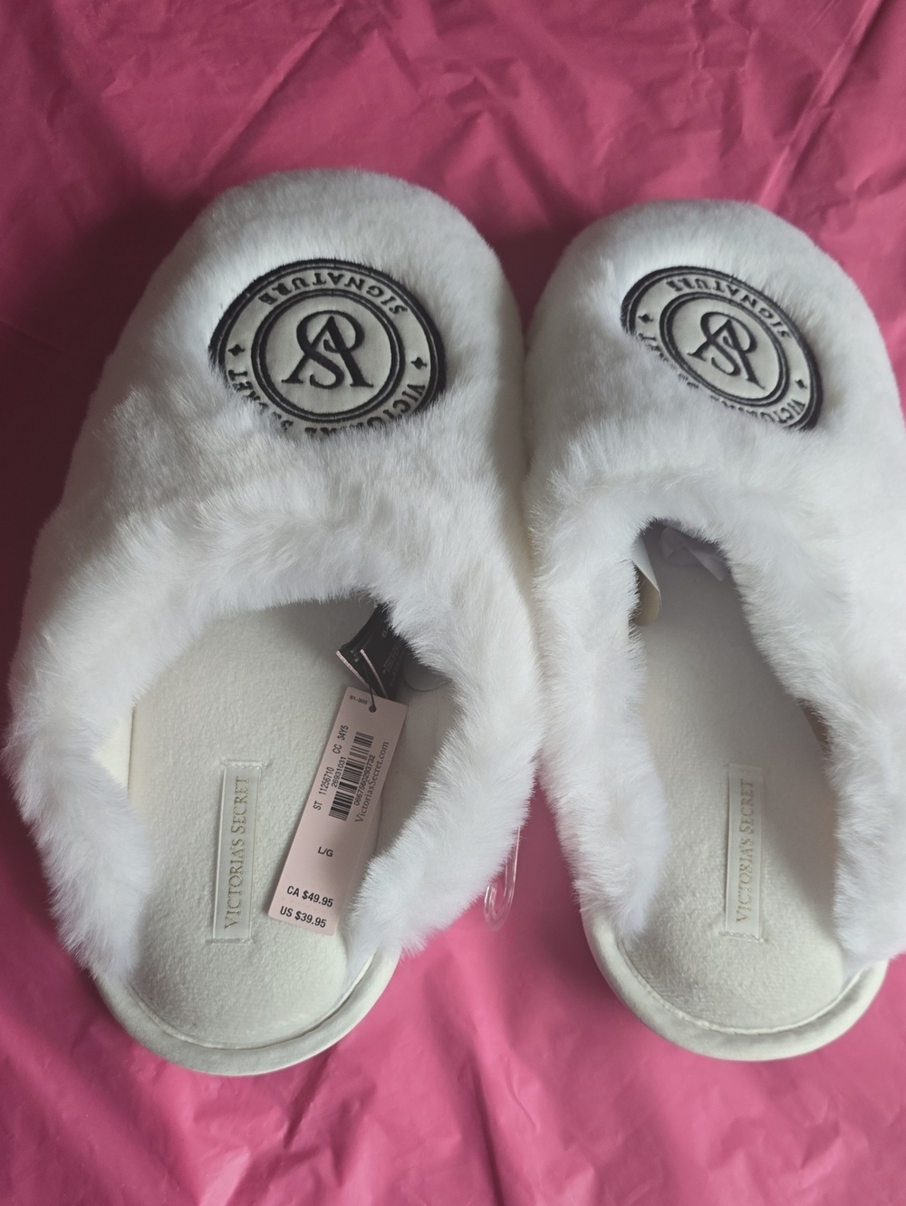 Victoria's Secret White Faux Fur Logo Slip-Ons New With Tags Size Large 7.5 To 9